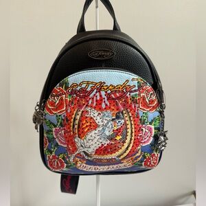 Ed Hardy Black Mini Backpack with Multicolor Graphic Roses